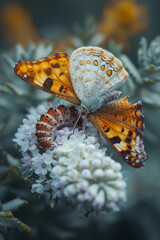 A delicate caterpillar and a beautiful butterfly placed side by side on a smooth, white surface, emphasizing their stages of life,