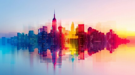 Fototapeta premium vibrant city skyline with colorful reflections at sunset.