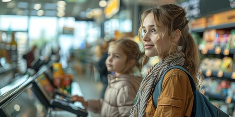 Family using self-service checkout in a modern supermarket