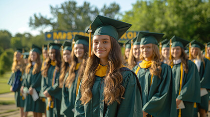 A telephoto angle photo of school graduates wearing their caps and gowns, standing in front of the school sign for a commemorative photo, with copy space