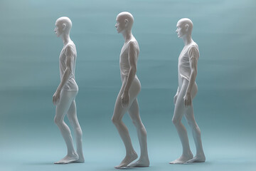 A group of three mannequins in different poses, arranged on a solid blue background, creating a sense of motion and harmony,