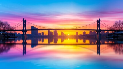 Fototapeta premium vibrant sunset over cityscape with bridge reflection.