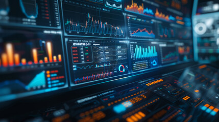 Modern virtual screen with financial data charts on the stock market. Monitoring panel on a digital screen on a dark background. Financial management technology.