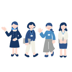 4人の横に並ぶビジネスパーソン[女性]のフラットなイラスト