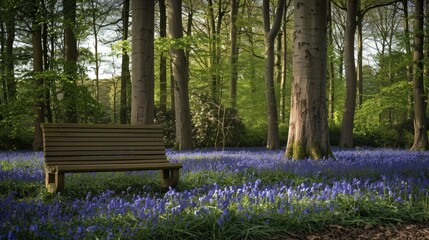 A serene woodland garden with a carpet of bluebells, tall trees providing shade, and a wooden bench for quiet reflection.