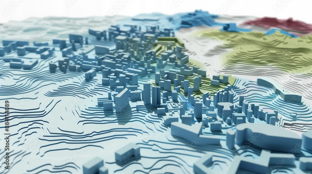 Poster digital 3d map terrain showcasing gis geodata mapping concept, highlighting topography, elevation, a