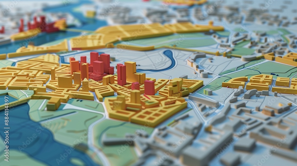 Poster digital 3d map terrain showcasing gis geodata mapping concept, highlighting topography, elevation, a