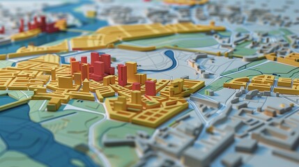 Digital 3D map terrain showcasing GIS geodata mapping concept, highlighting topography, elevation, and spatial data analysis.