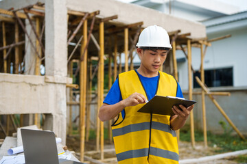 An architect, wearing a hardhat and safety vest, checks a laptop and house plan paper on a...
