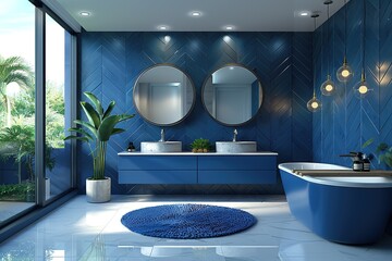 Modern bathroom interior with blue double vanity