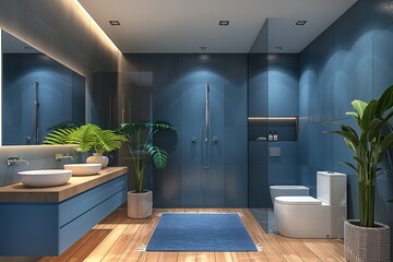 Modern bathroom interior with blue double vanity