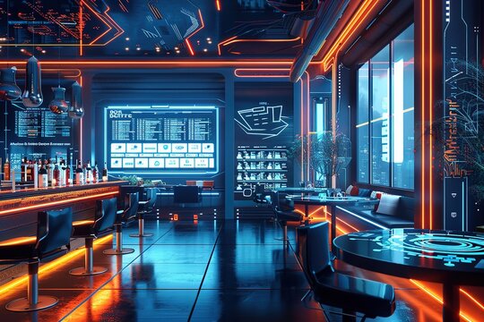Futuristic Cyber Cafe with holographic menus, sleek seating, and a high-tech, futuristic cafe experience. Futuristic cyber cafe home decor. 