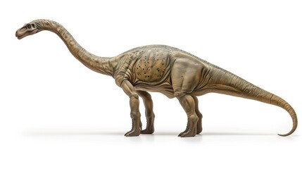 A meticulously crafted dinosaur model showcasing its long neck and tail in great detail, placed on a plain surface. The model highlights the creature&rsquo;s features and posture.