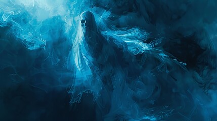 An ethereal spectral figure is depicted surrounded by flowing blue motifs, exuding a dark and mysterious aura. The image encompasses the themes of the supernatural and the unknown.