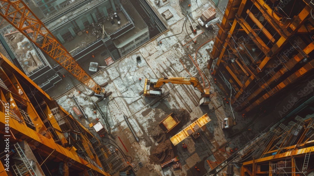 Poster futuristic high-rise construction site bustling with robots performing various tasks, highlighting t