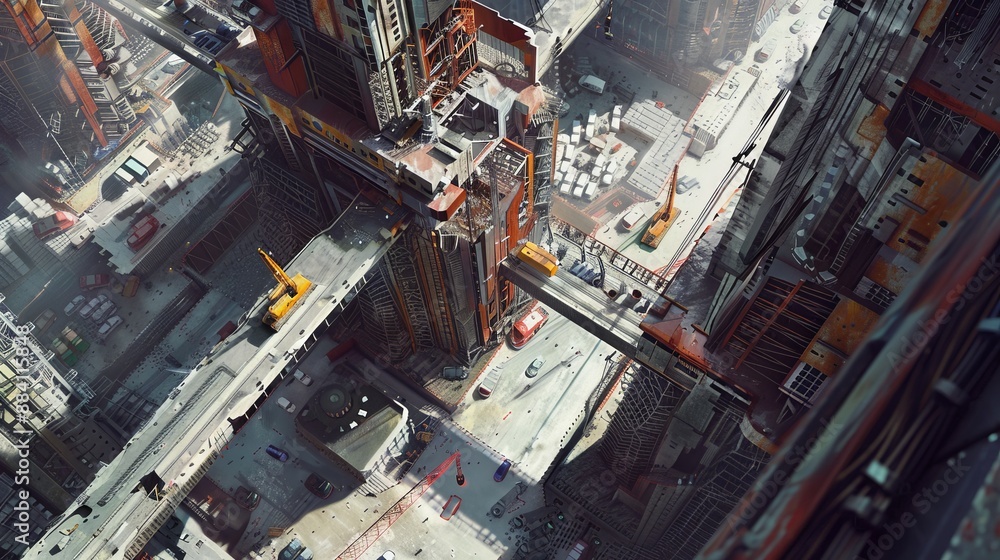 Poster futuristic high-rise construction site bustling with robots performing various tasks, highlighting t