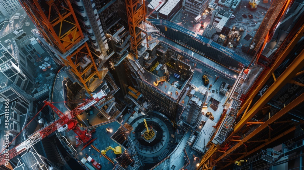 Poster futuristic high-rise construction site bustling with robots performing various tasks, highlighting t