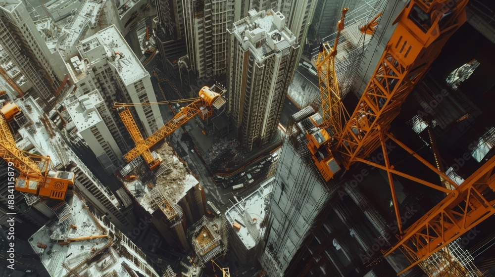 Poster futuristic high-rise construction site bustling with robots performing various tasks, highlighting t