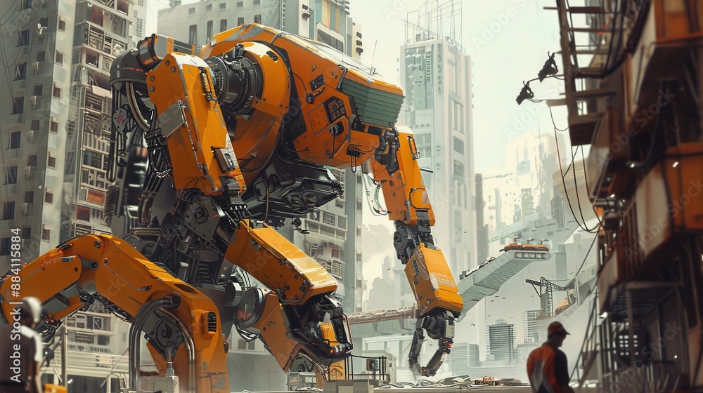 Poster humans and robots are working together to build a high-rise, blending human creativity with robotic 
