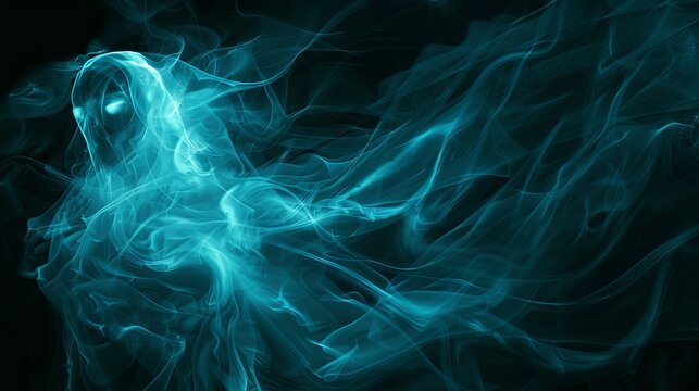 This image depicts a ghostly figure shrouded in blue mist with glowing eyes, creating an eerie and otherworldly atmosphere perfect for supernatural themes.