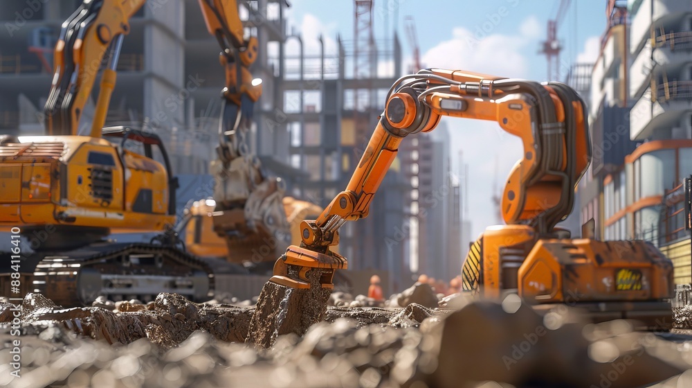 Poster capture a futuristic construction site where robots are autonomously laying the foundation of a new 