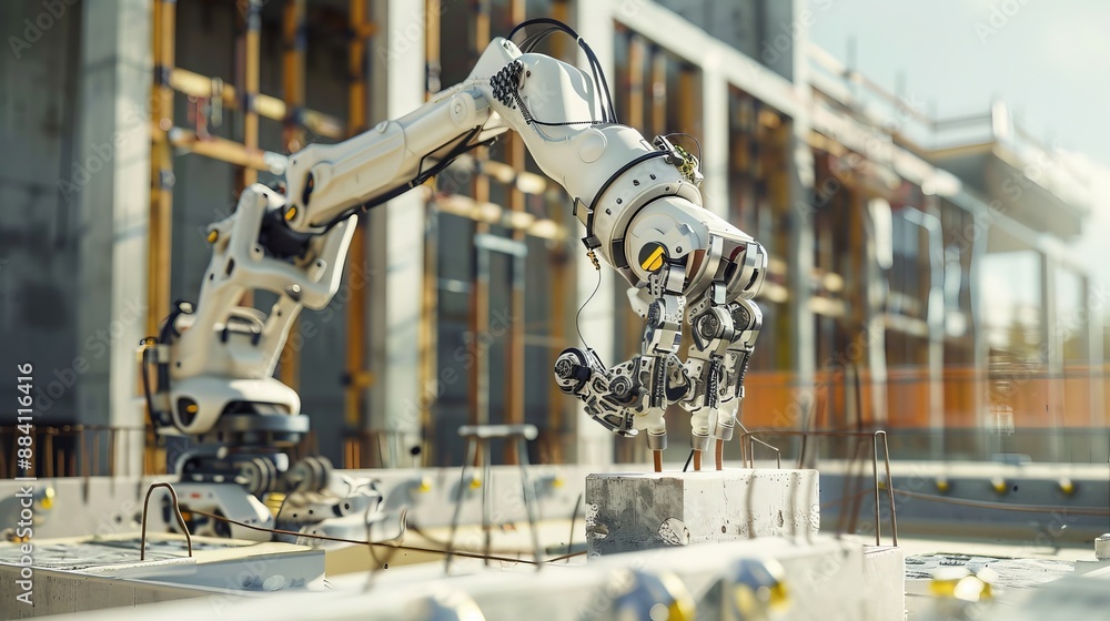 Poster capture a futuristic construction site where robots are autonomously laying the foundation of a new 