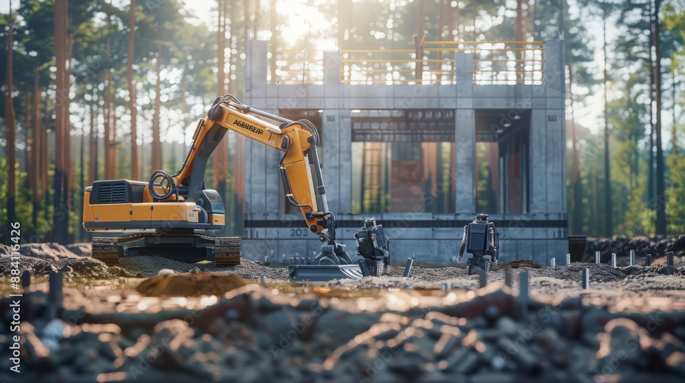 Poster capture a futuristic construction site where robots are autonomously laying the foundation of a new 