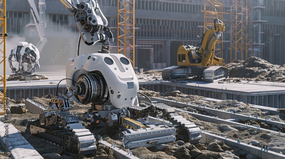 Poster capture a futuristic construction site where robots are autonomously laying the foundation of a new 
