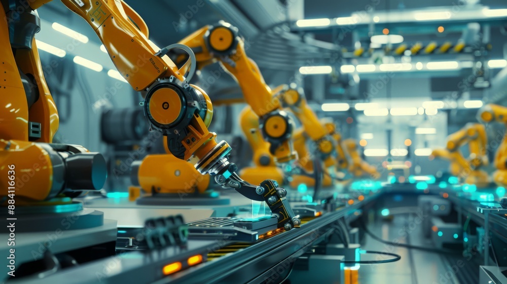 Poster capture a futuristic factory where autonomous robots and ai systems collaborate seamlessly, highligh