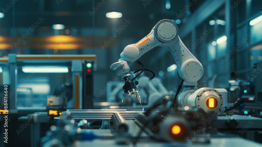 Poster capture a futuristic factory where autonomous robots and ai systems collaborate seamlessly, highligh