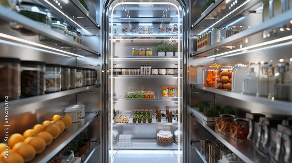 Poster capture a futuristic pantry with automated shelving that rotates and organizes food items based on u