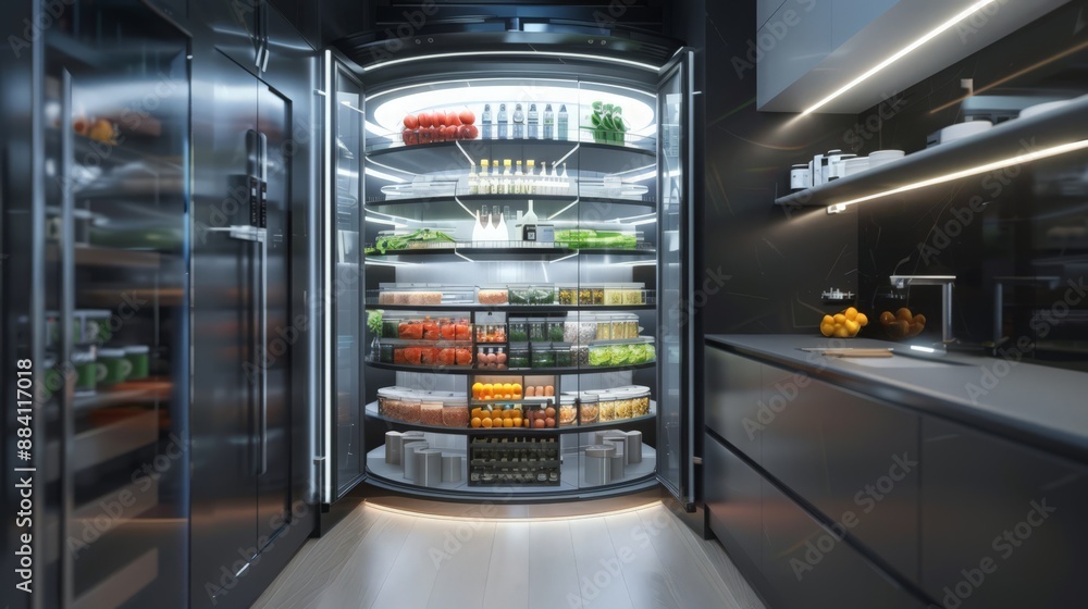 Poster capture a futuristic pantry with automated shelving that rotates and organizes food items based on u