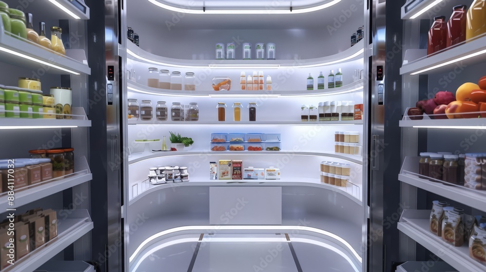Poster capture a futuristic pantry with automated shelving that rotates and organizes food items based on u