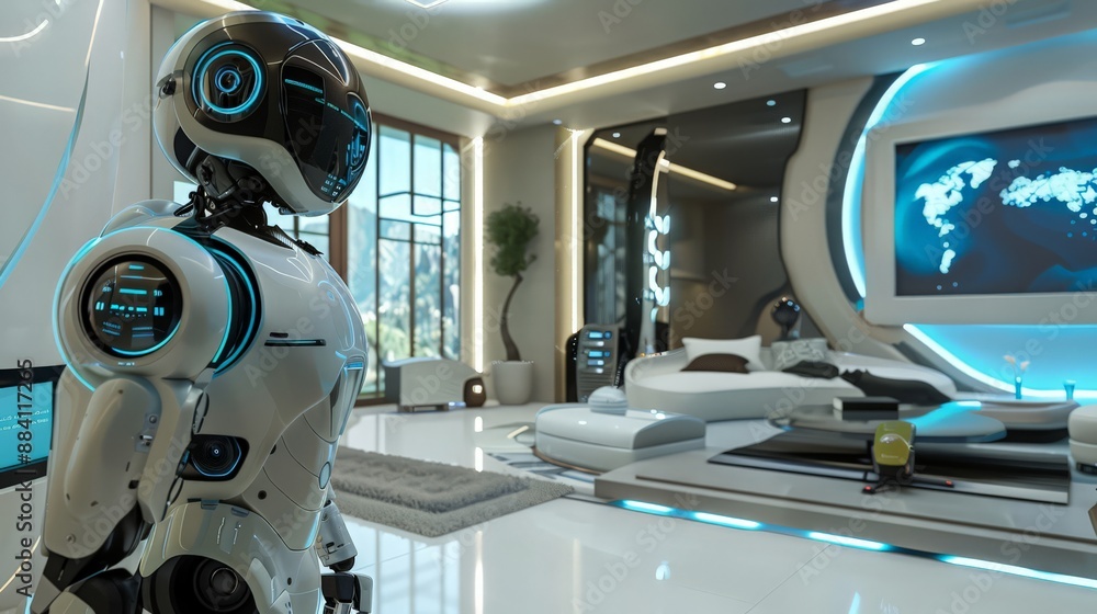 Poster capture a robot installing high-tech entertainment systems, making the future home ready for immersi