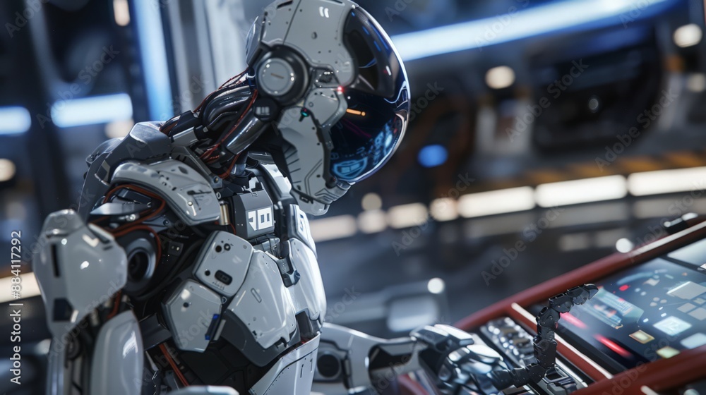 Poster capture a robot installing high-tech entertainment systems, making the future home ready for immersi