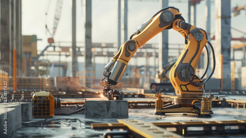 Poster capture a robot utilizing advanced laser technology to cut materials on a construction site. emphasi