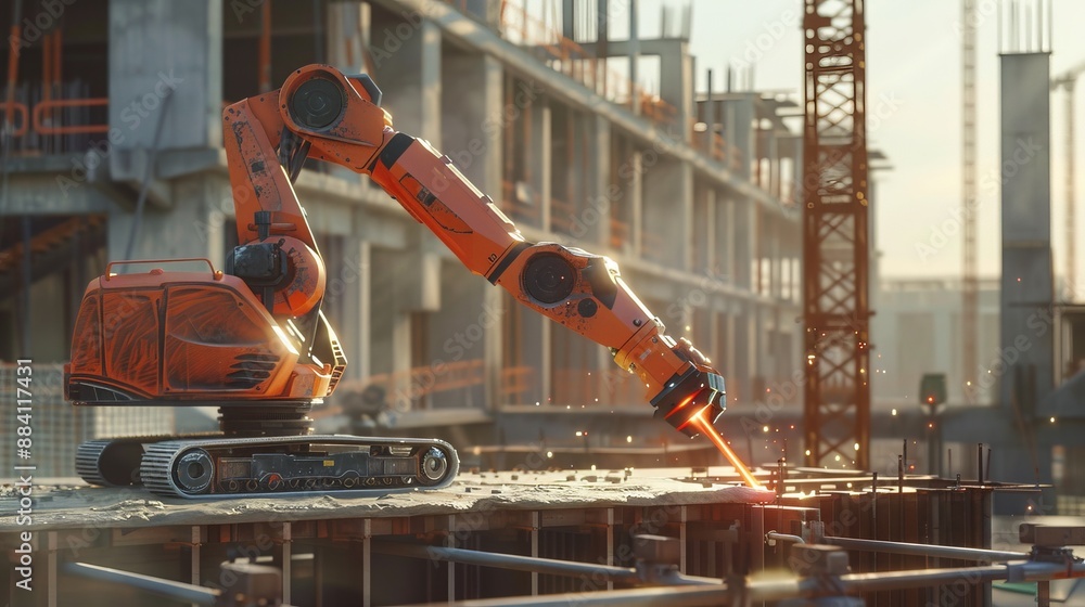 Poster capture a robot utilizing advanced laser technology to cut materials on a construction site. emphasi