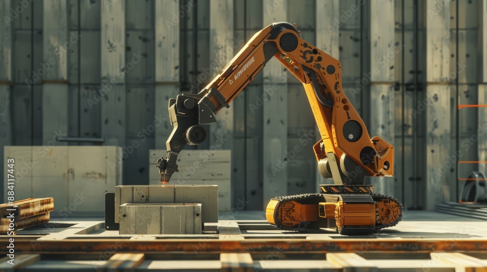 Poster capture a robot utilizing advanced laser technology to cut materials on a construction site. emphasi