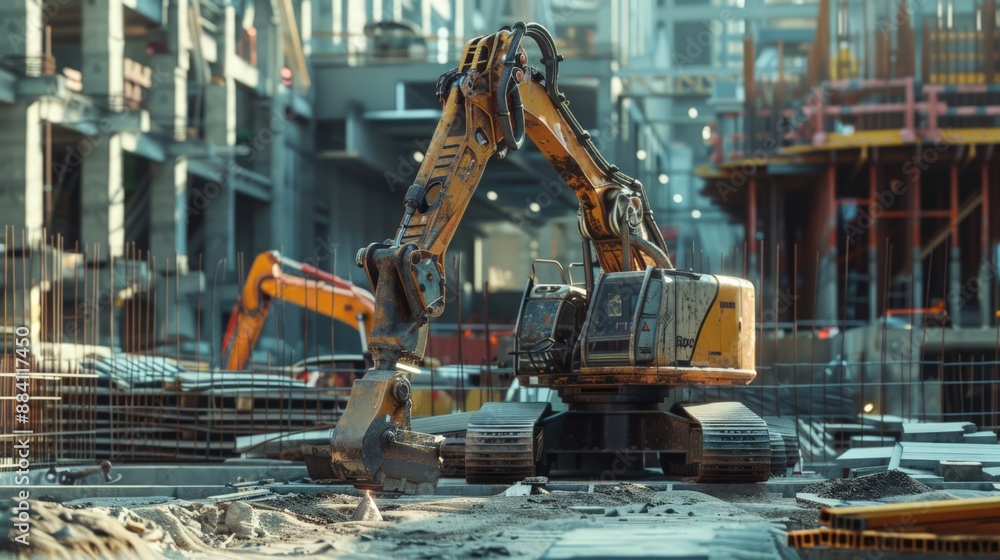 Poster capture a robot utilizing advanced laser technology to cut materials on a construction site. emphasi