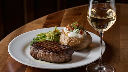 Steak with Loaded Baked Potato and White Wine 