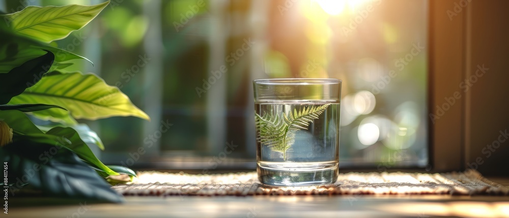 Canvas Prints  A glass of water with a fern inside, nearby a window housing a green plant