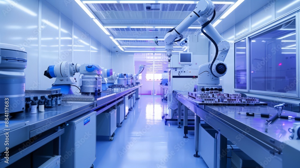 Poster capture a scene of a production line in a cleanroom environment, with robots assembling high-precisi