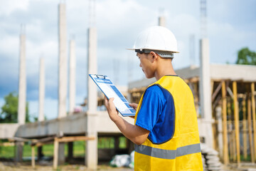 An architect, wearing a hardhat and safety vest, checks a laptop and house plan paper on a clipboard. Blueprints and construction documents lie nearby, emphasizing safety and precision in building.