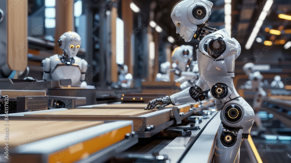 Poster capture a scene of robots assembling furniture on a production line, demonstrating the capabilities 