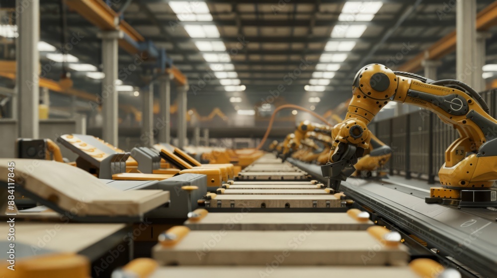Poster capture a scene of robots assembling furniture on a production line, demonstrating the capabilities 