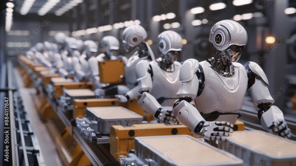 Poster capture a scene of robots assembling furniture on a production line, demonstrating the capabilities 