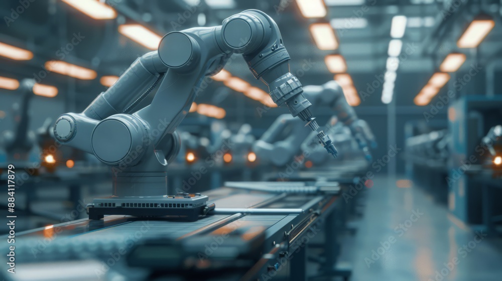 Poster capture a scene of robots handling intricate assembly tasks on a microelectronics production line, e