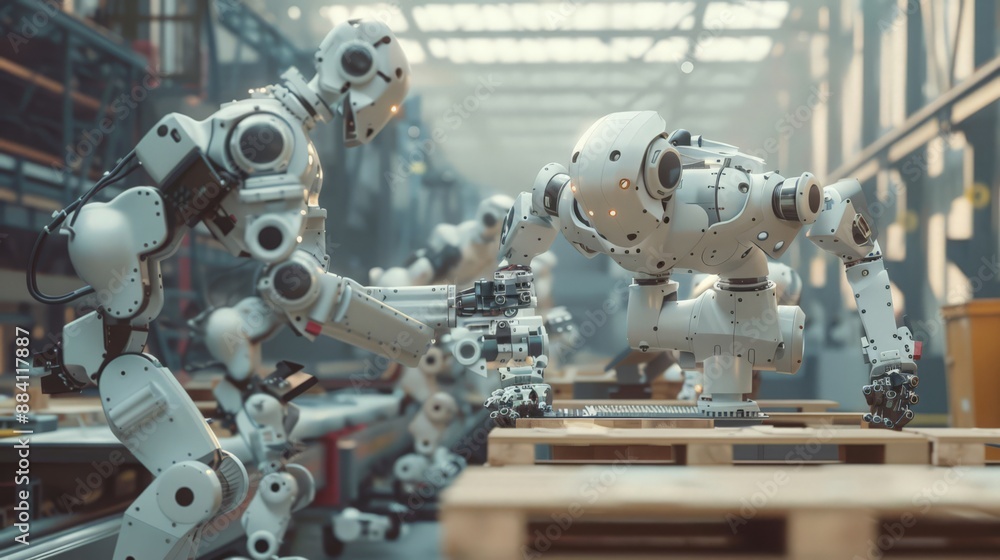 Poster capture a scene of robots assembling furniture on a production line, demonstrating the capabilities 