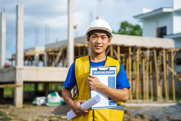 An architect, wearing a hardhat and safety vest, checks a laptop and house plan paper on a clipboard. Blueprints and construction documents lie nearby, emphasizing safety and precision in building.