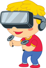 Young boy wearing virtual reality headset and holding controllers playing videogame